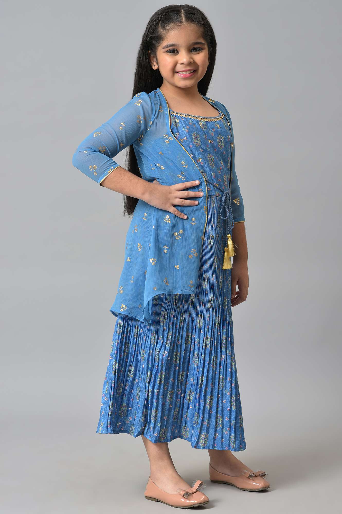 Girls Blue Gillet With Tiered Dress