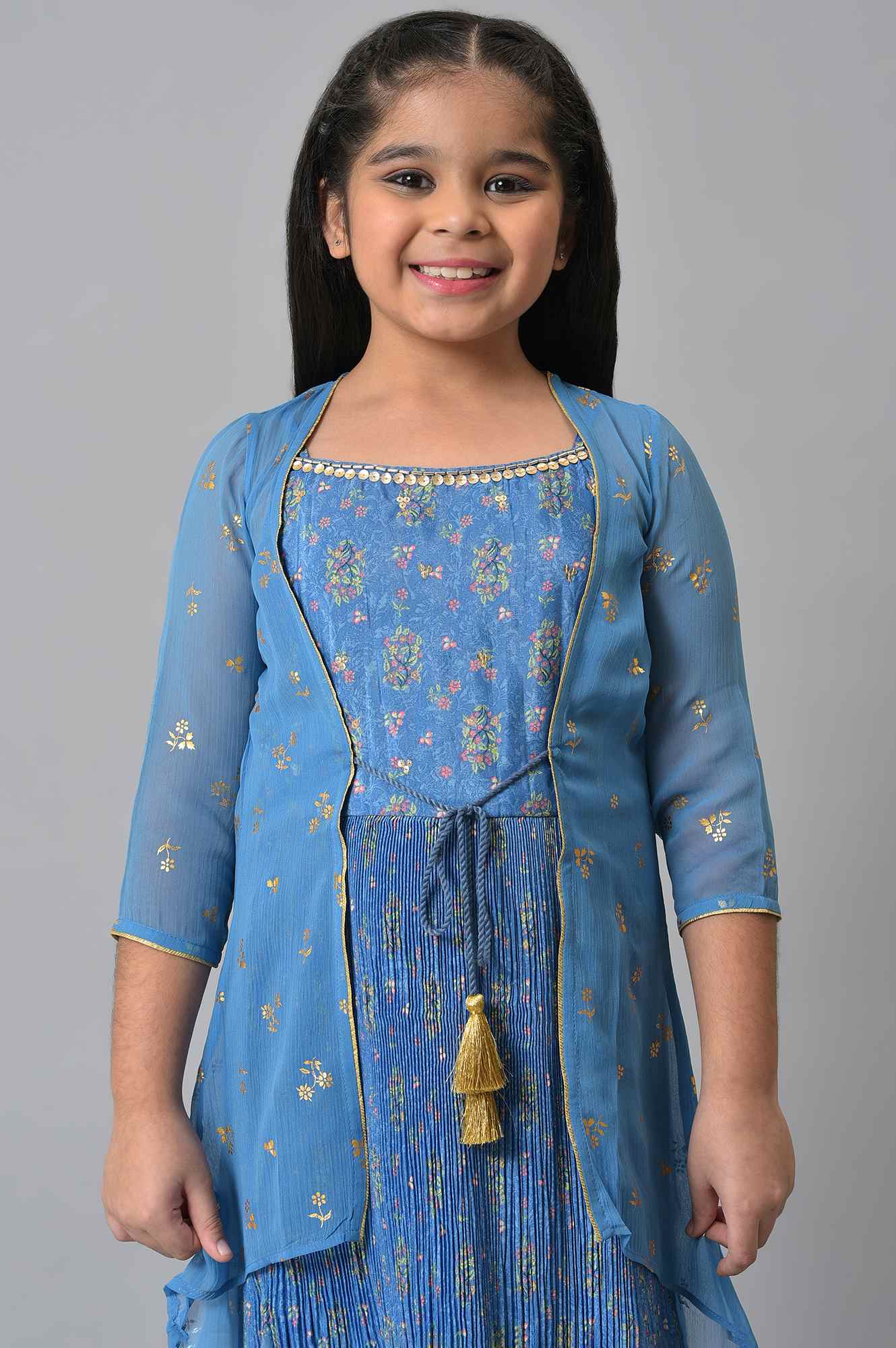 Girls Blue Gillet With Tiered Dress