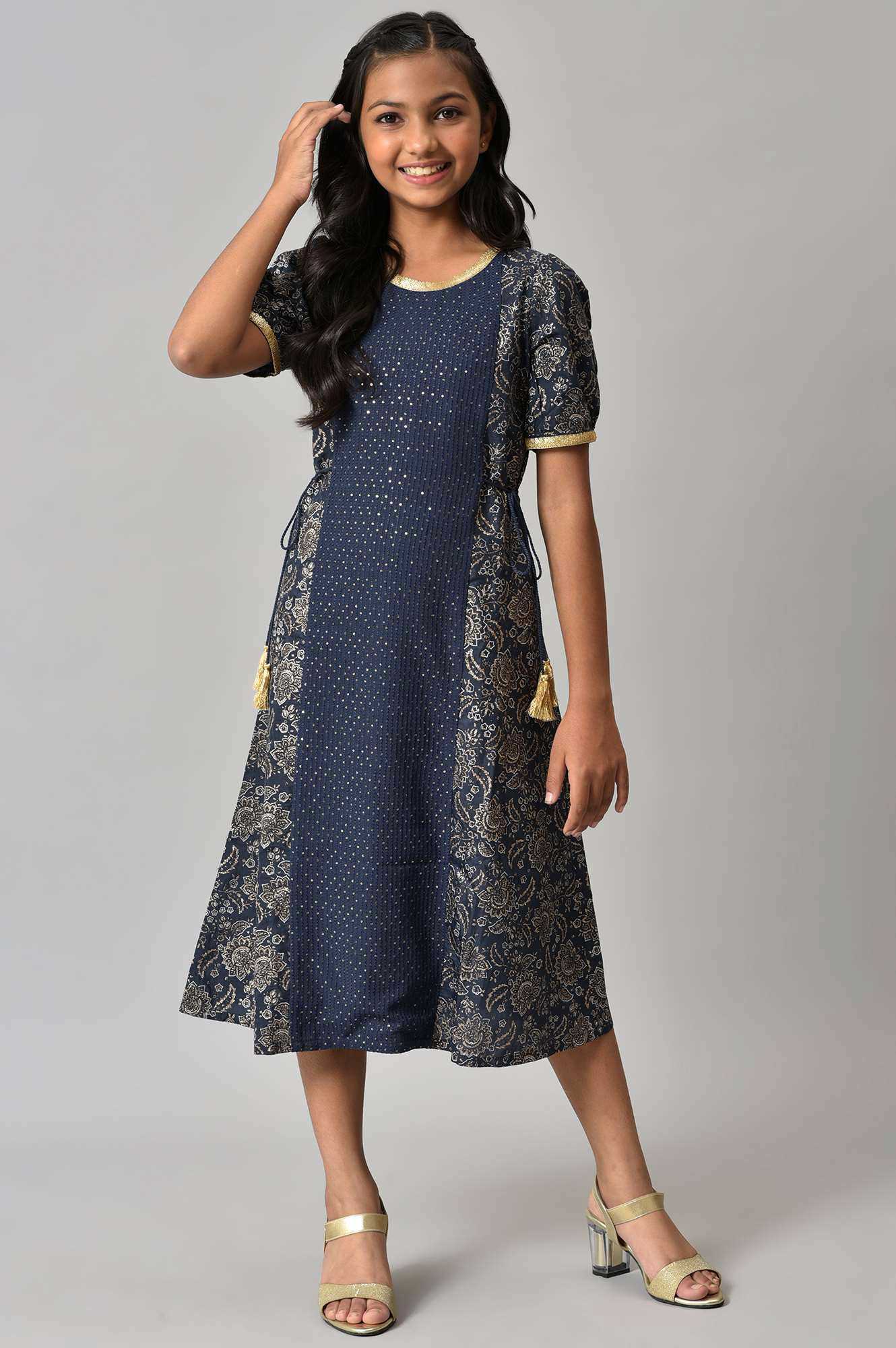 Girls Blue Floral Printed And Sequined Dress