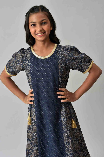 Girls Blue Floral Printed And Sequined Dress