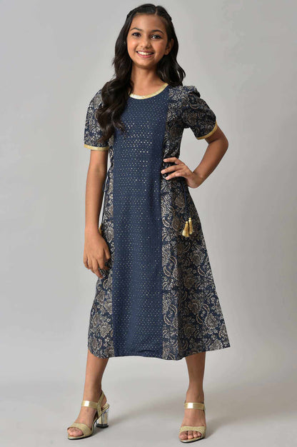 Girls Blue Floral Printed And Sequined Dress