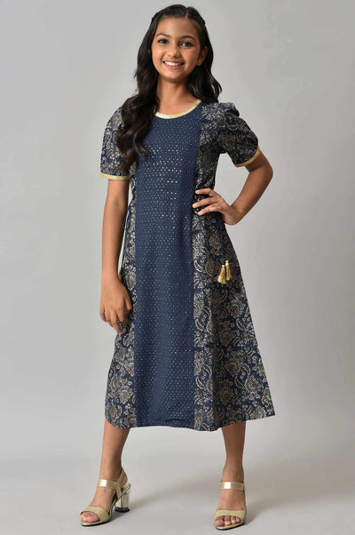 Girls Blue Floral Printed And Sequined Dress