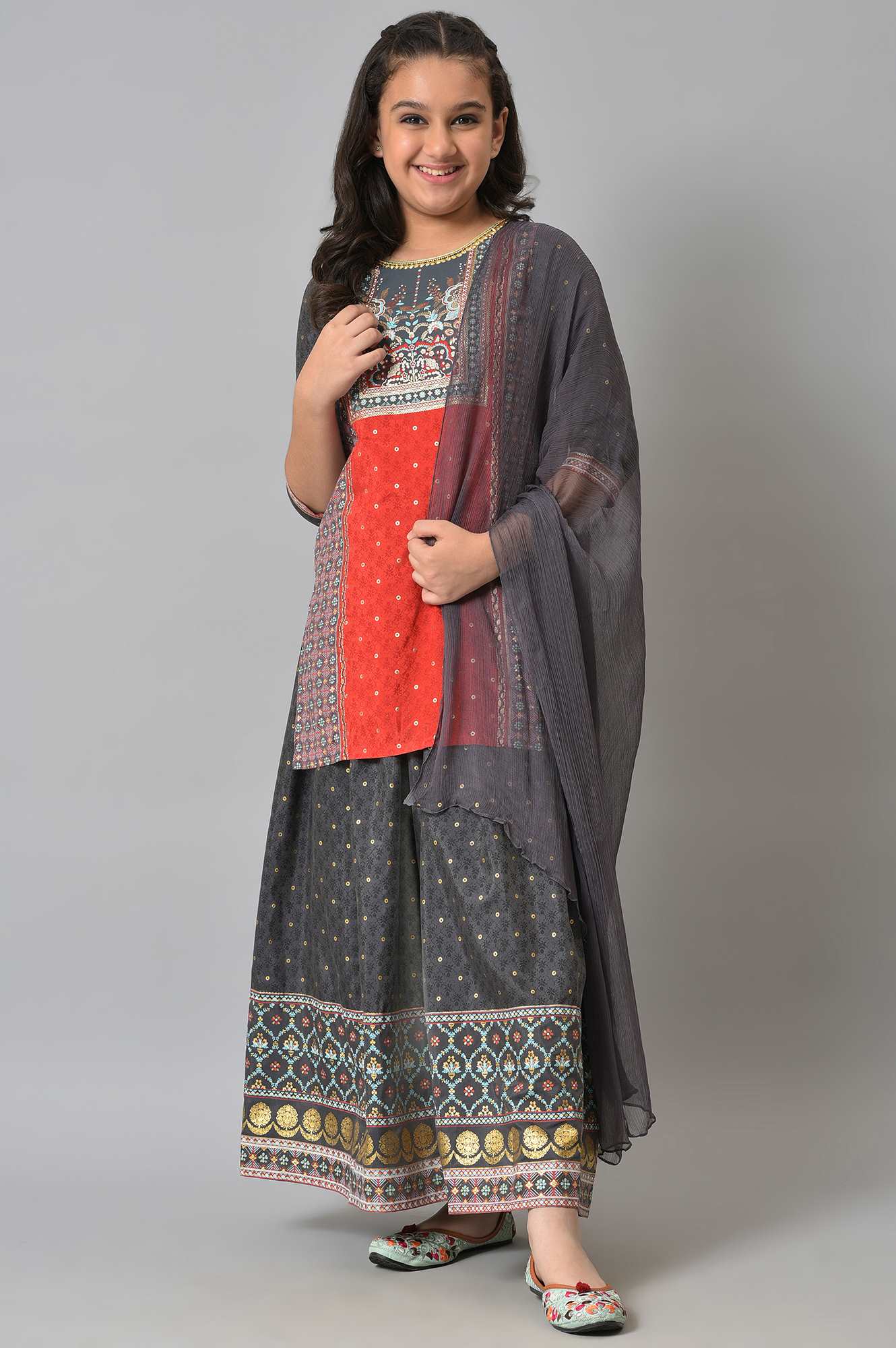 Girls LIVA Red Floral Printed kurta with Grey Skirt and Dupatta