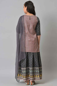 Girls LIVA Red Floral Printed kurta with Grey Skirt and Dupatta