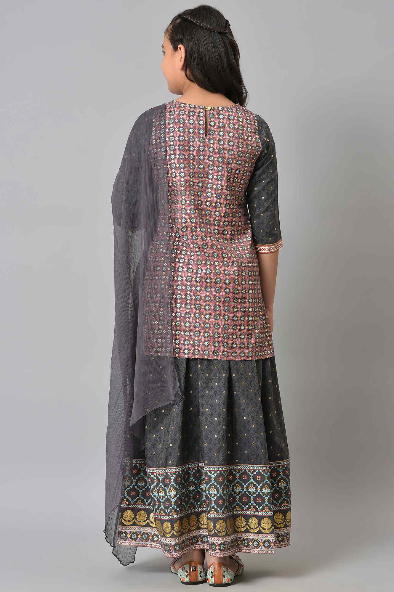 Girls LIVA Red Floral Printed kurta with Grey Skirt and Dupatta