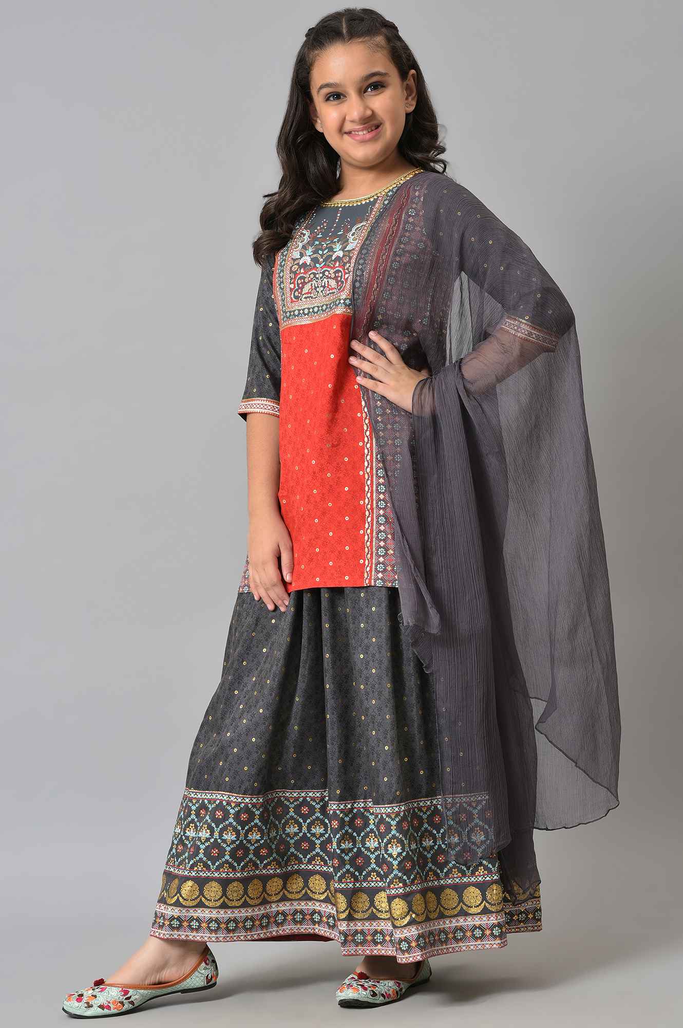 Girls LIVA Red Floral Printed kurta with Grey Skirt and Dupatta