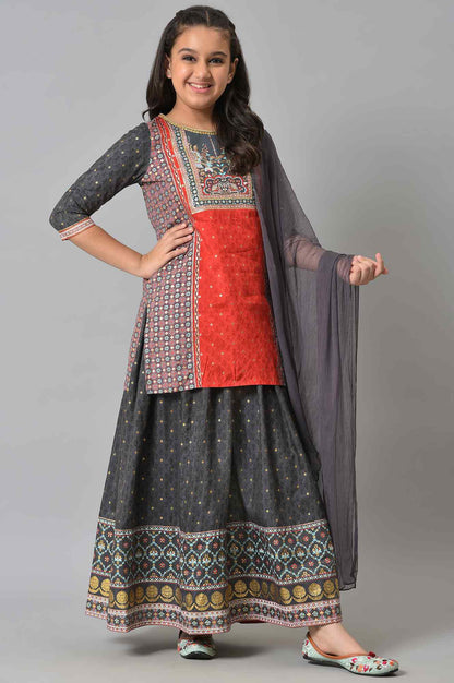 Girls LIVA Red Floral Printed kurta with Grey Skirt and Dupatta