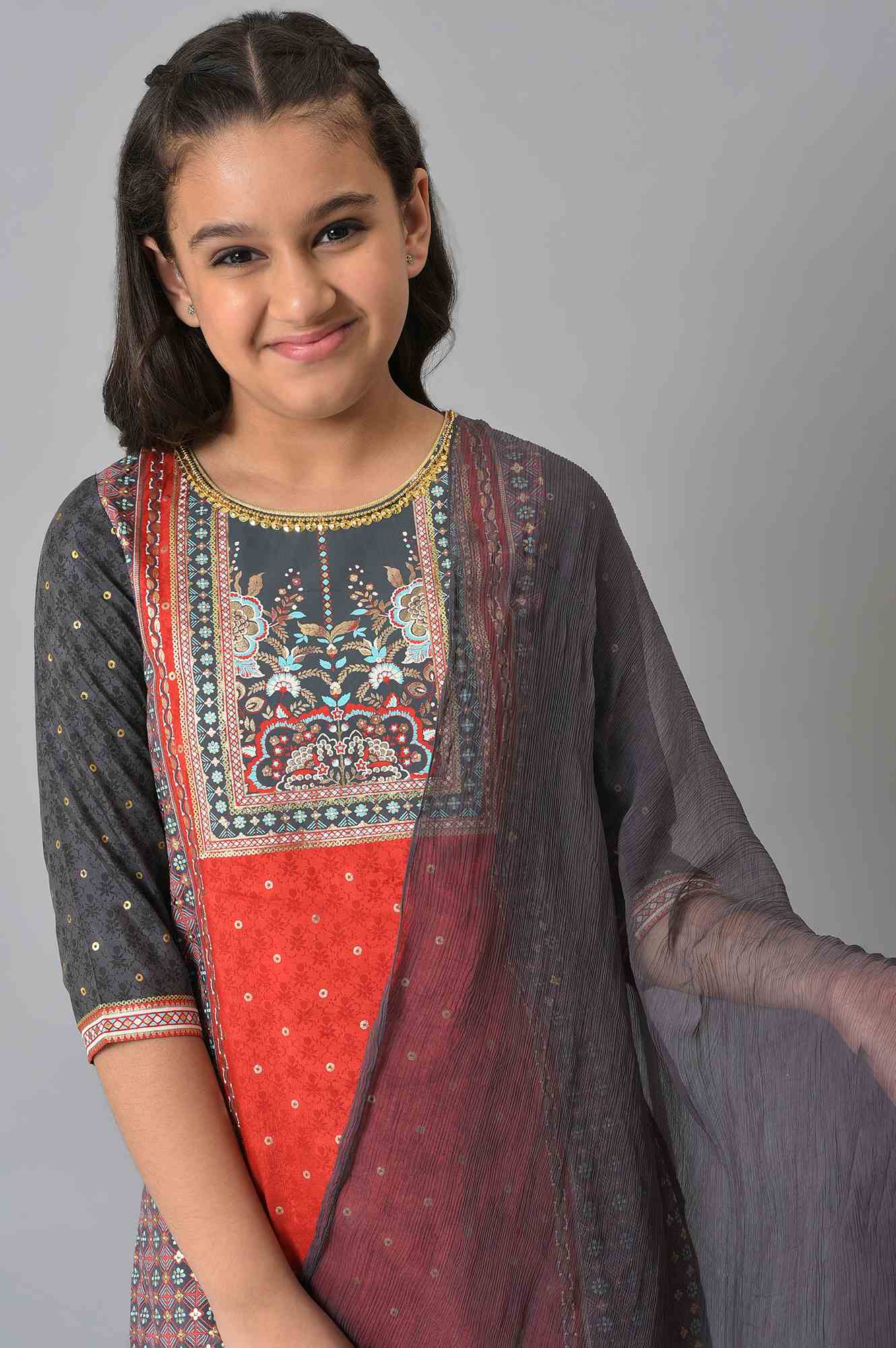 Girls LIVA Red Floral Printed kurta with Grey Skirt and Dupatta