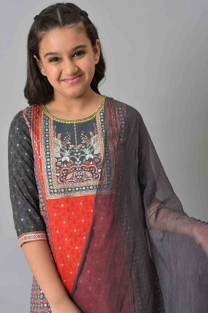 Girls LIVA Red Floral Printed kurta with Grey Skirt and Dupatta