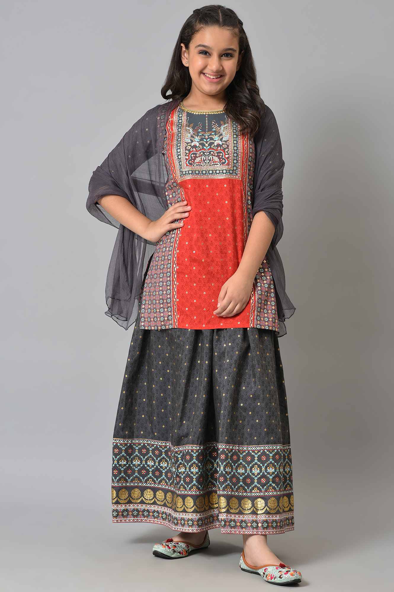 Girls LIVA Red Floral Printed kurta with Grey Skirt and Dupatta