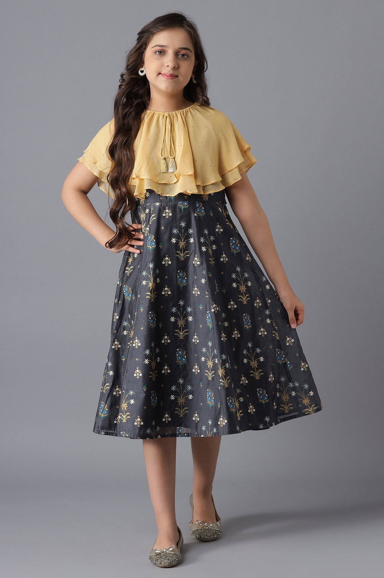 Buy Yellow Poncho and Grey Dress Girls Set Online for Woman