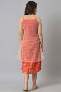 Girls Beige Gillet With Red Printed Dress Set
