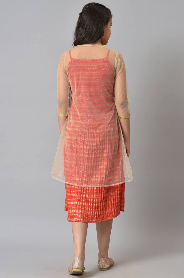 Girls Beige Gillet With Red Printed Dress Set