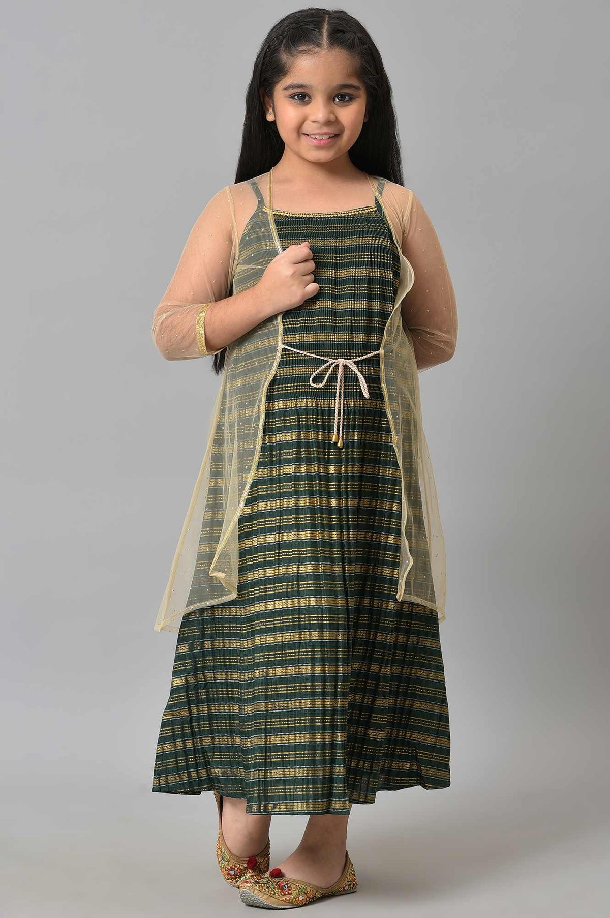 Girls Beige Gillet With Green Printed Dress Set - 4-5