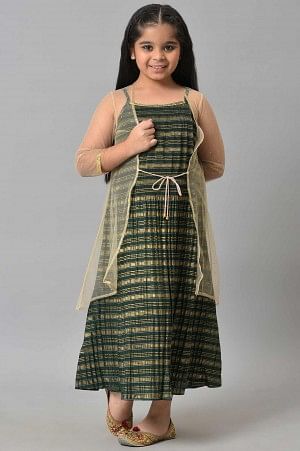 Girls Beige Gillet With Green Printed Dress Set