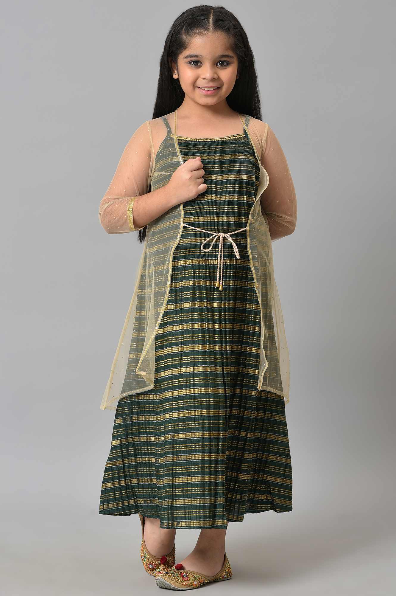 Girls Beige Gillet With Green Printed Dress Set