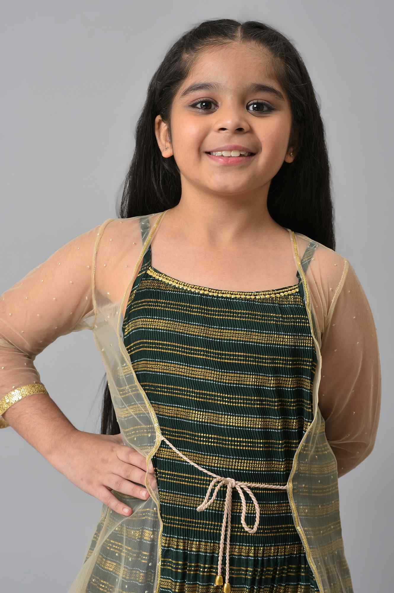 Girls Beige Gillet With Green Printed Dress Set