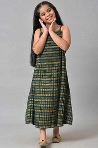 Girls Beige Gillet With Green Printed Dress Set