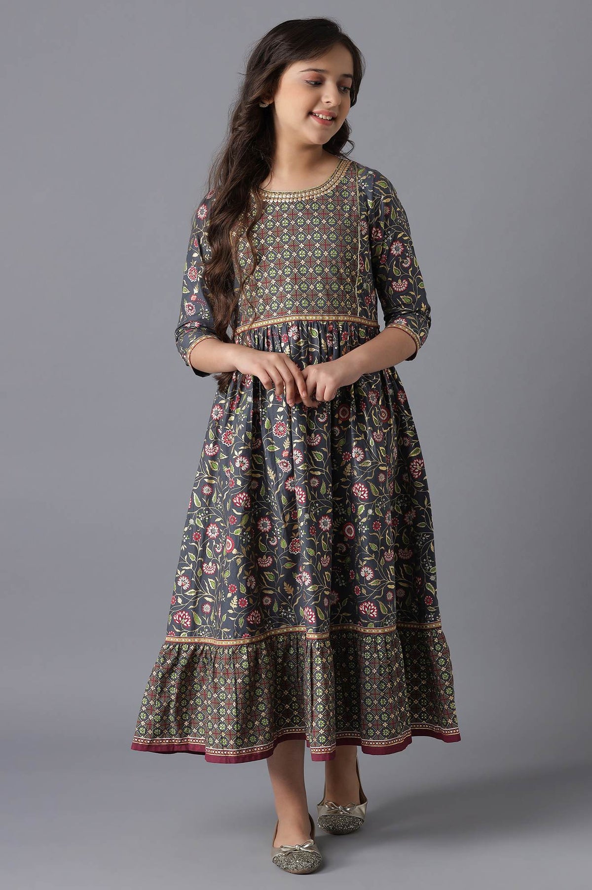 Grey Cotton Girls Dress - 4-5