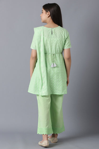 Girls Light Green Cotton Schiffli kurta With Pants And Dupatta