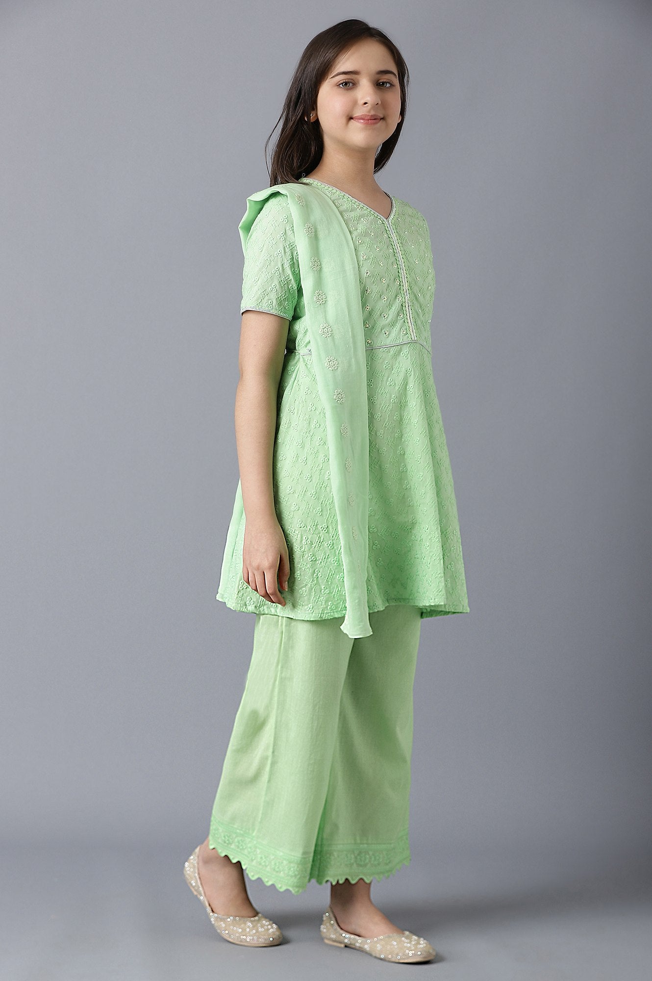 Girls Light Green Cotton Schiffli kurta With Pants And Dupatta