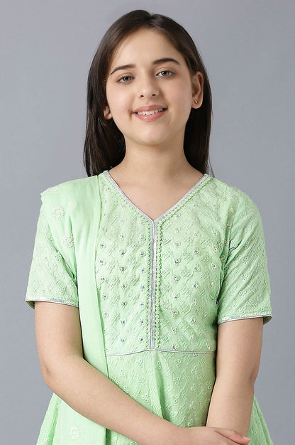 Girls Light Green Cotton Schiffli kurta With Pants And Dupatta