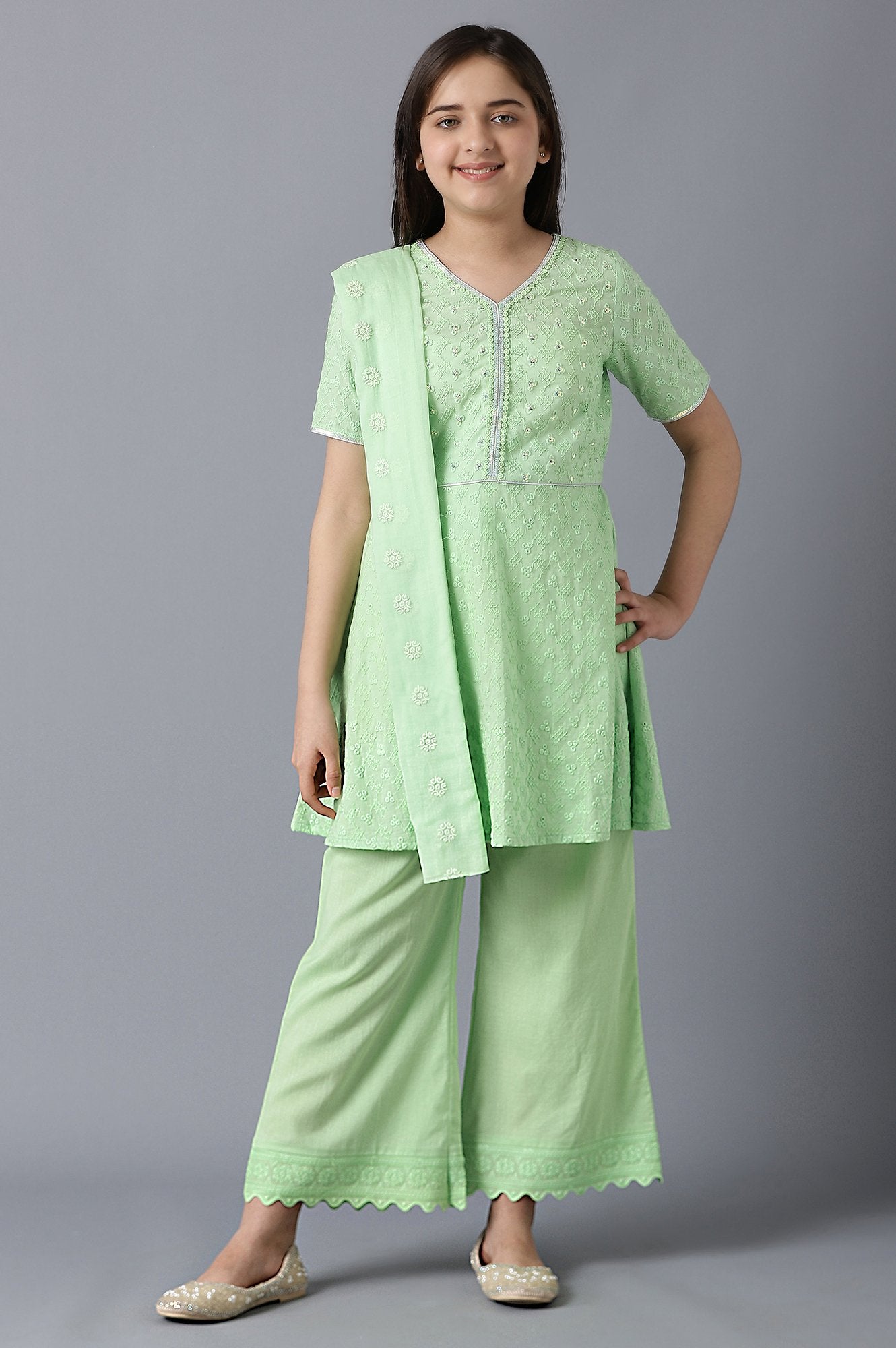 Girls Light Green Cotton Schiffli kurta With Pants And Dupatta