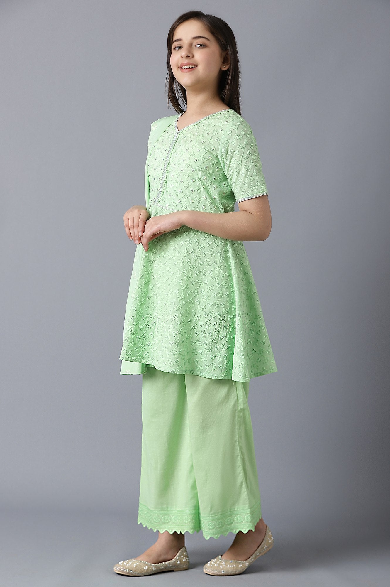 Girls Light Green Cotton Schiffli kurta With Pants And Dupatta