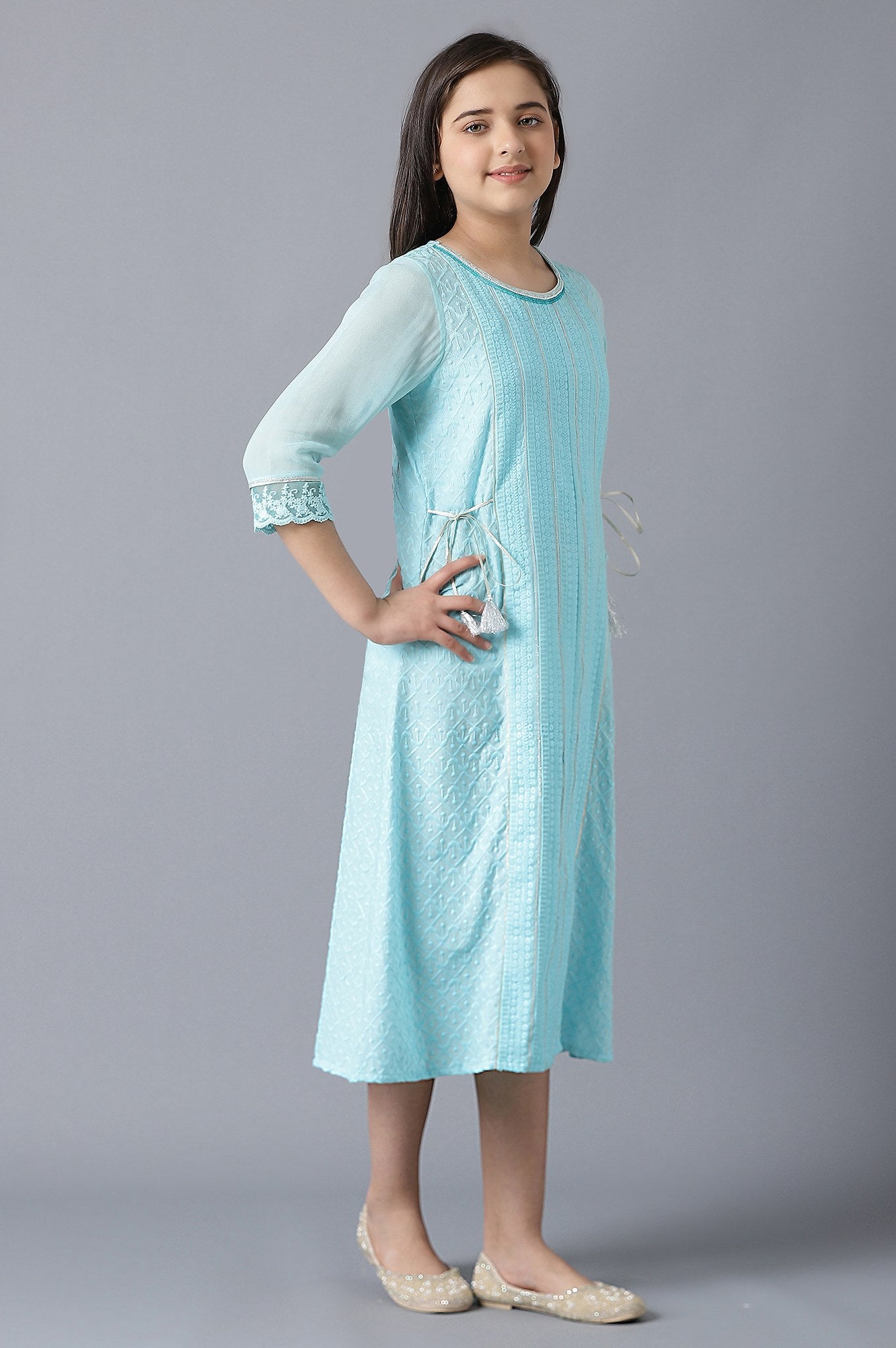 Girls Blue Sequinned Schiffli Dress