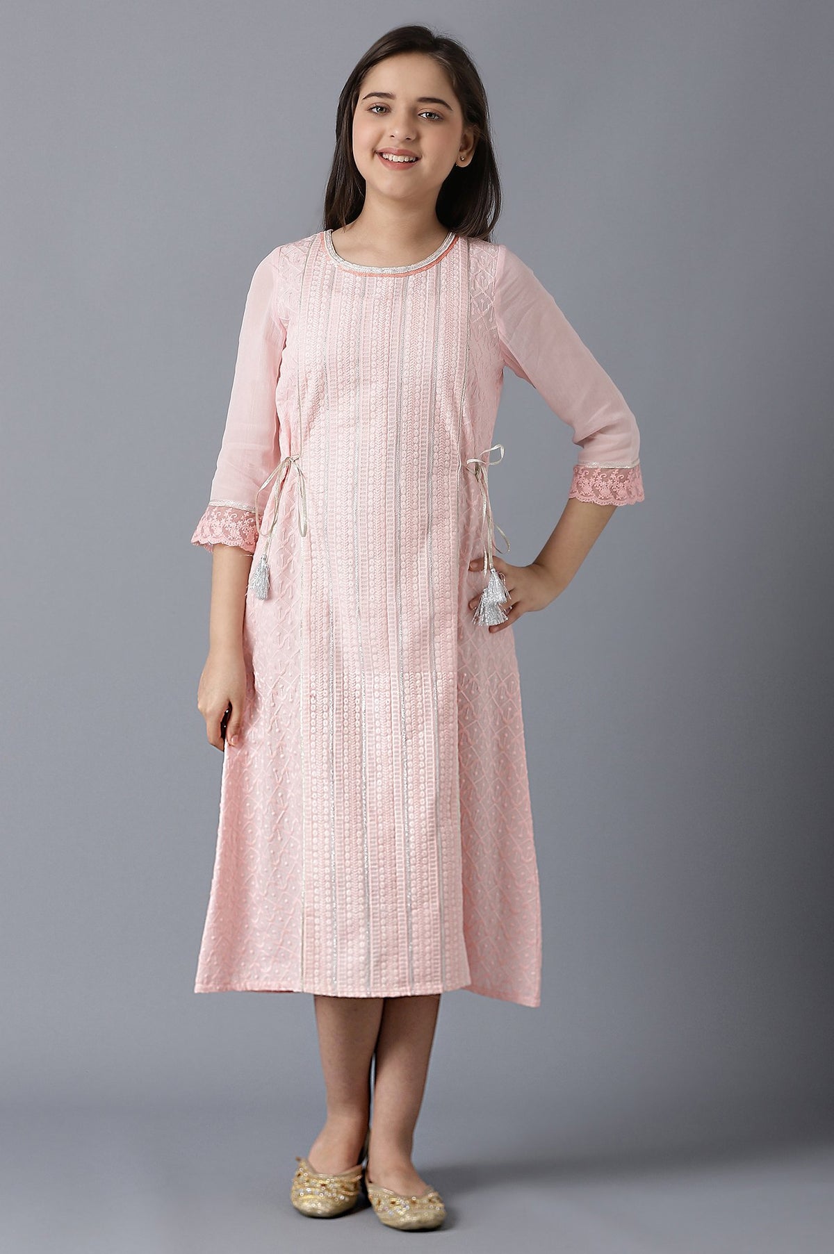 Girls Pink Sequined Schiffli Dress - 14-15