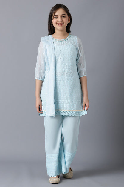 Girls Light Blue Cotton Schiffli Straight kurta With Palazzo And Dupatta