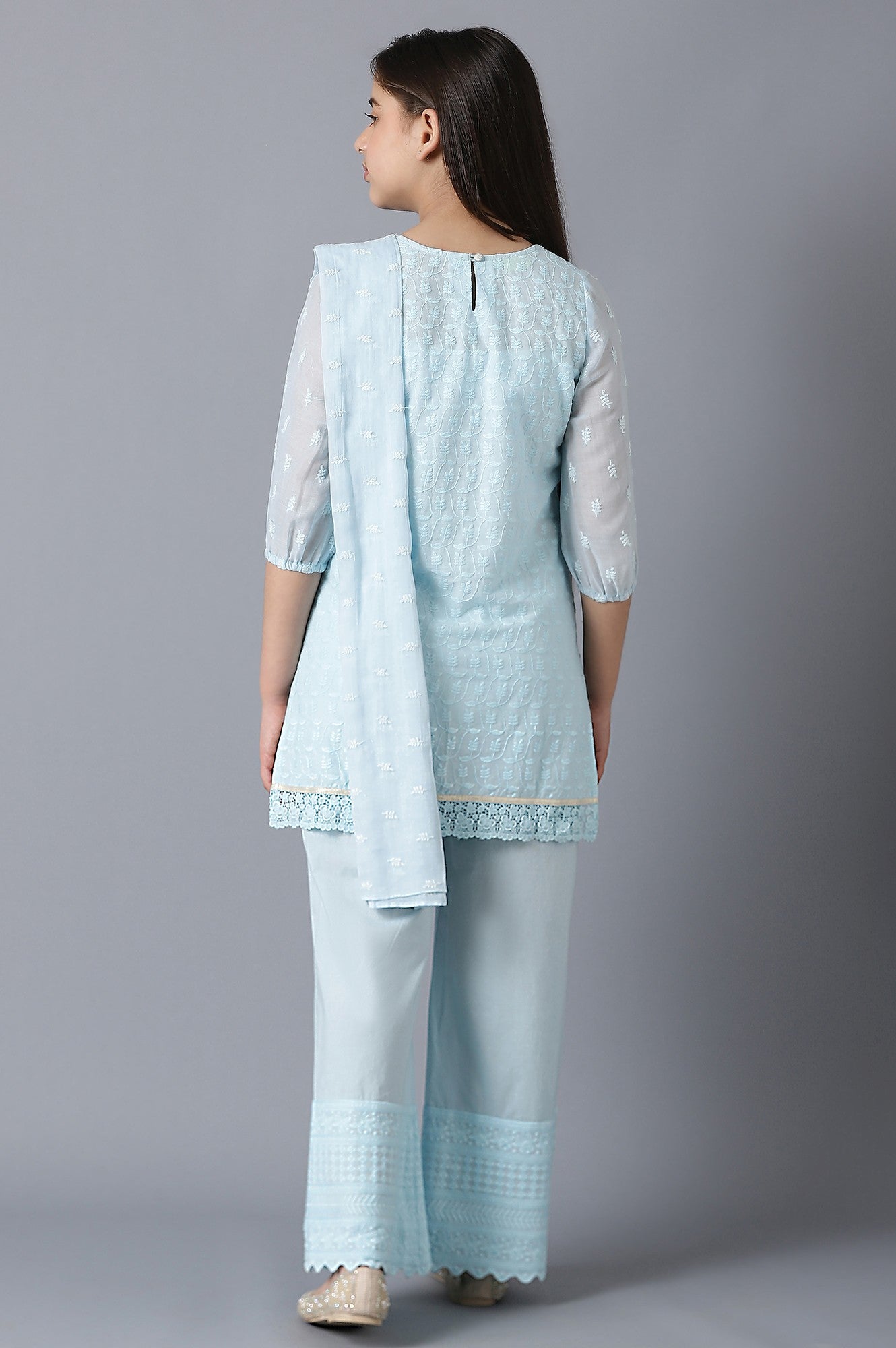 Girls Light Blue Cotton Schiffli Straight kurta With Palazzo And Dupatta