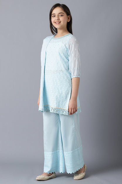 Girls Light Blue Cotton Schiffli Straight kurta With Palazzo And Dupatta