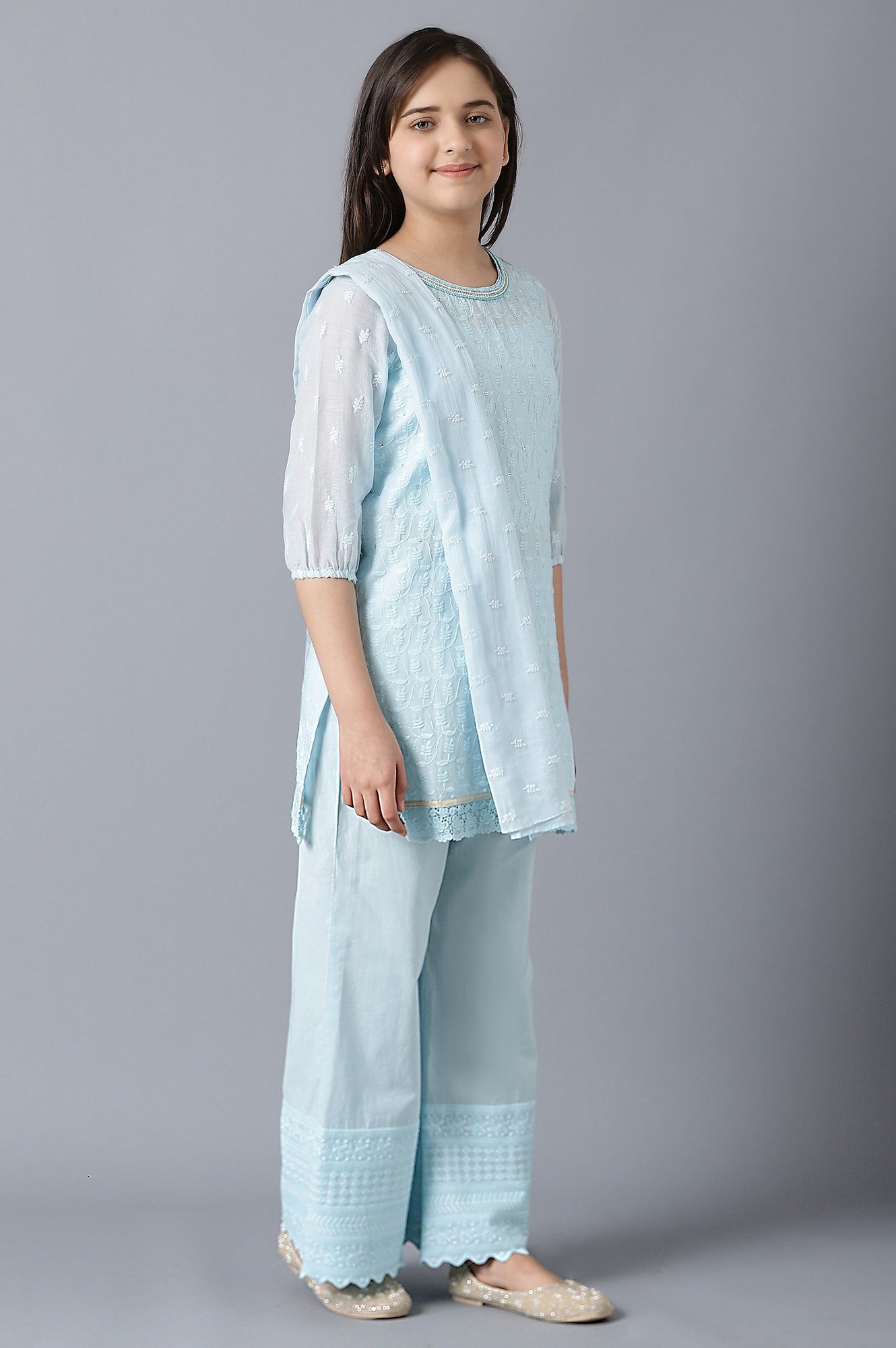 Girls Light Blue Cotton Schiffli Straight kurta With Palazzo And Dupatta