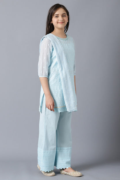 Girls Light Blue Cotton Schiffli Straight kurta With Palazzo And Dupatta