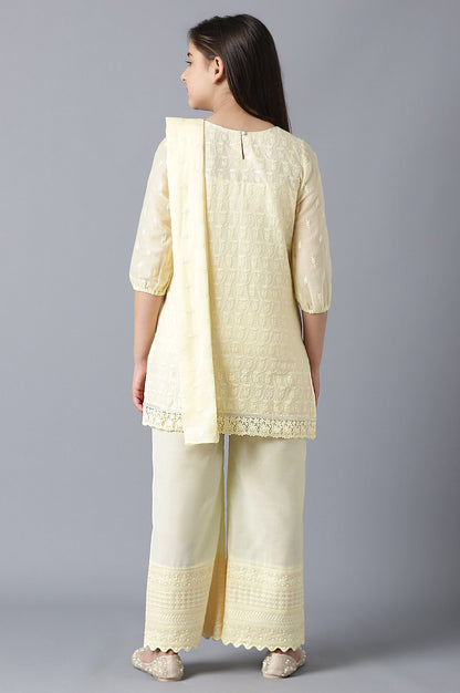 Girls Light Yellow Cotton Schiffli Straight kurta With Palazzo