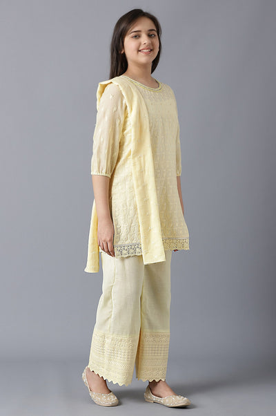 Girls Light Yellow Cotton Schiffli Straight kurta With Palazzo