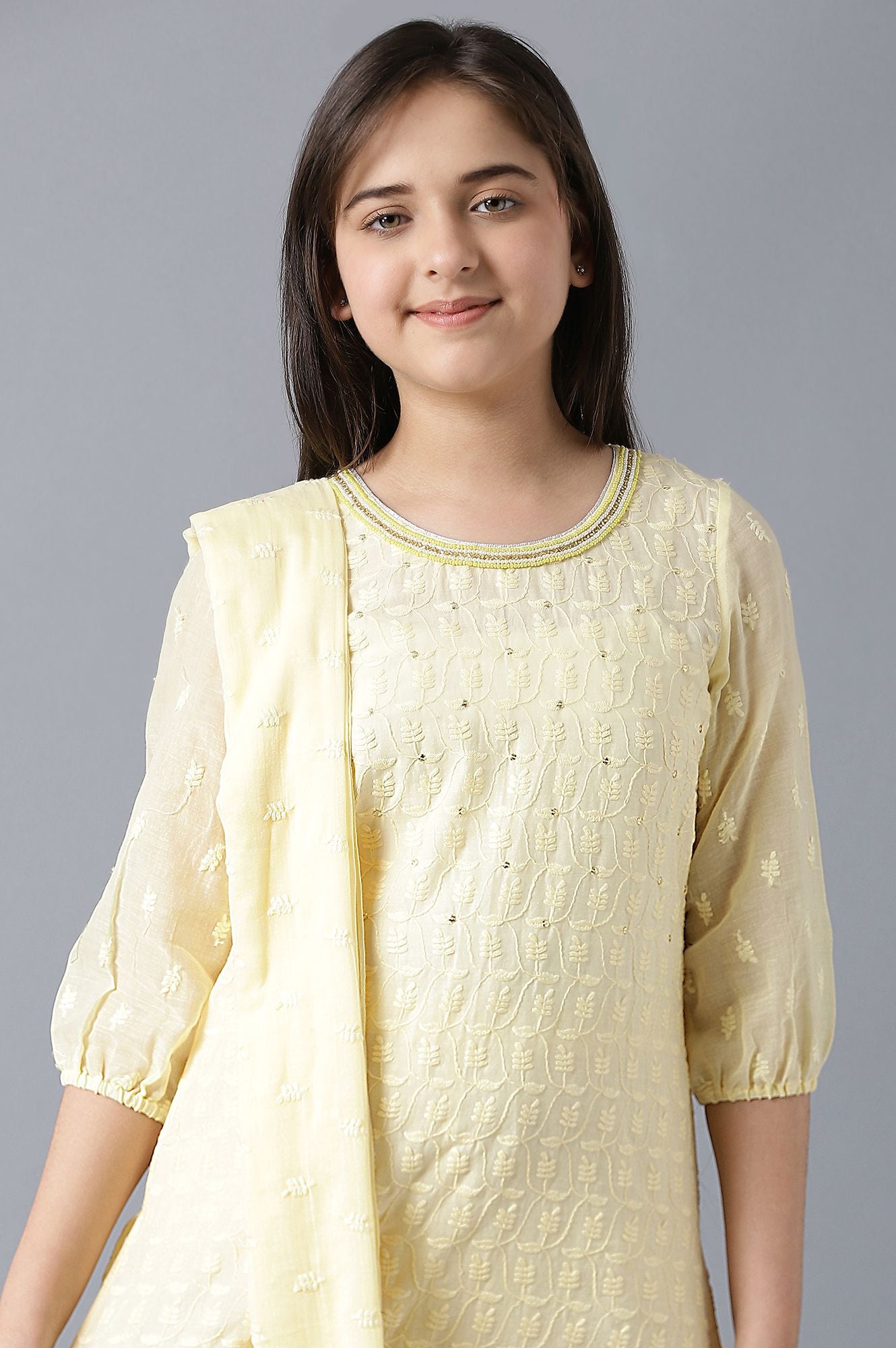 Girls Light Yellow Cotton Schiffli Straight kurta With Palazzo