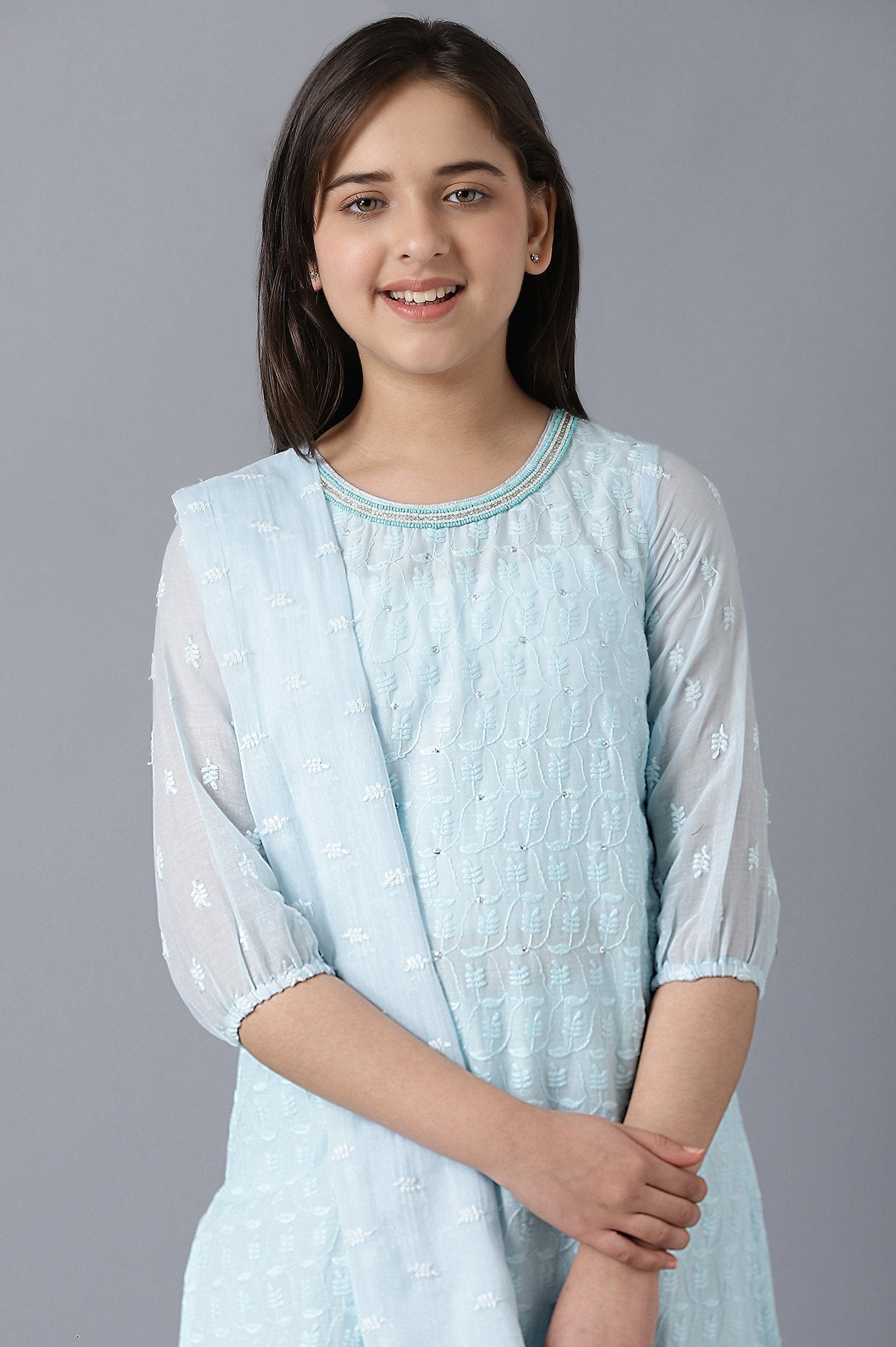 Girls Light Blue Cotton Schiffli Straight kurta With Palazzo And Dupatta