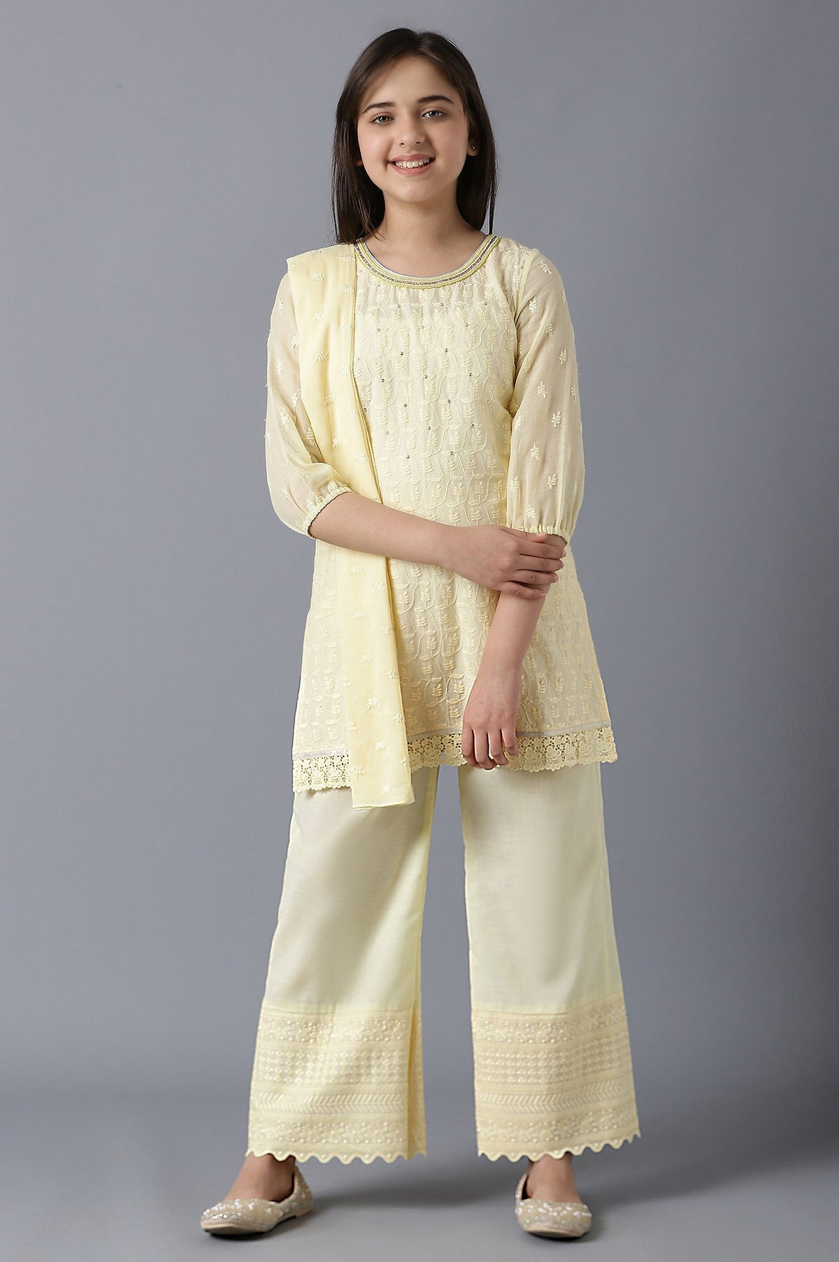 Girls Light Yellow Cotton Schiffli Straight kurta With Palazzo - 14-15