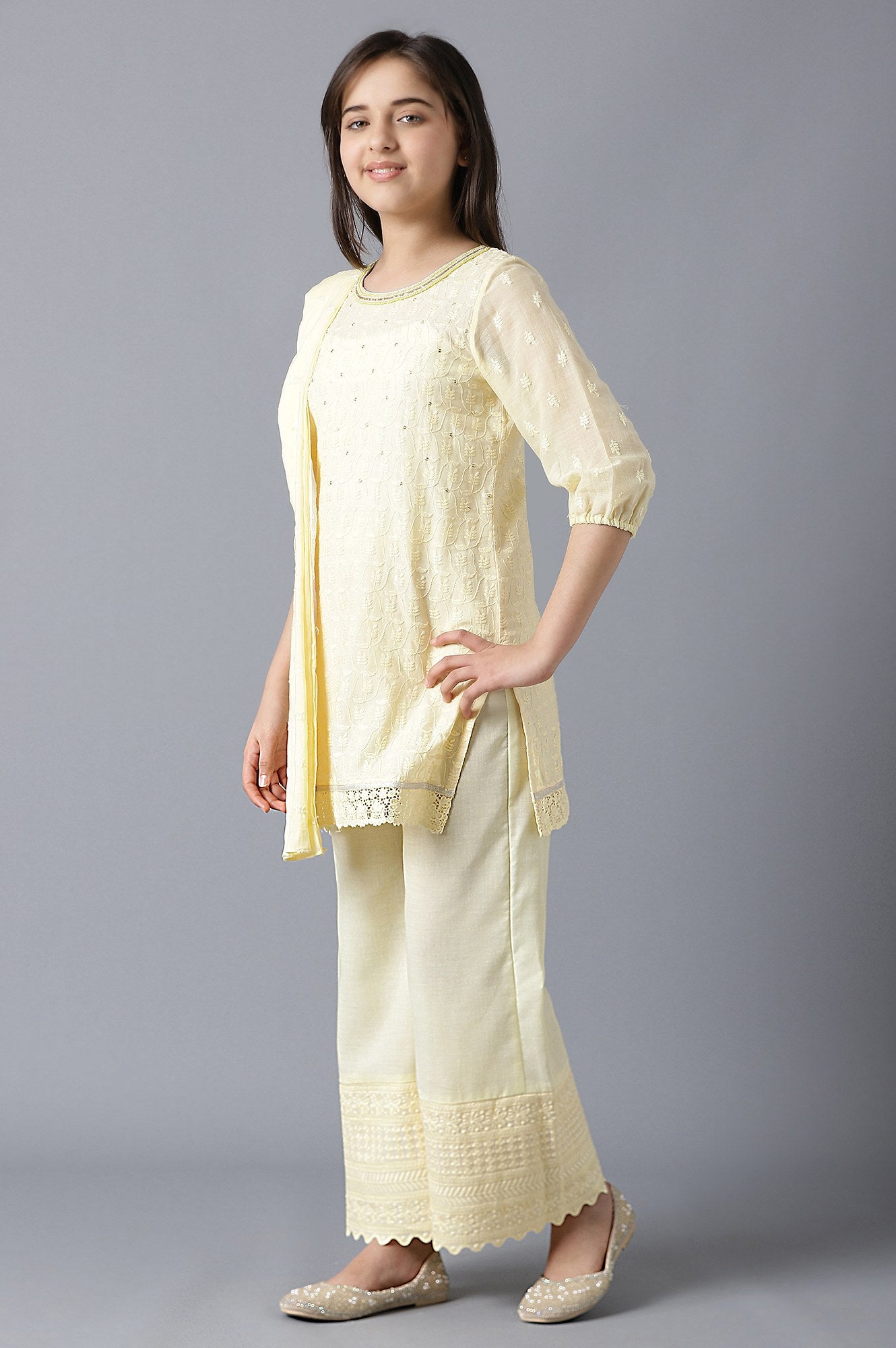 Girls Light Yellow Cotton Schiffli Straight kurta With Palazzo