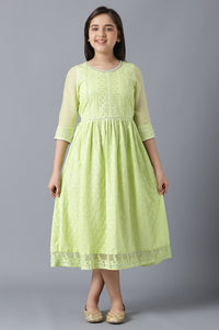 Girls Green Sequinned Flared Schiffli Dress