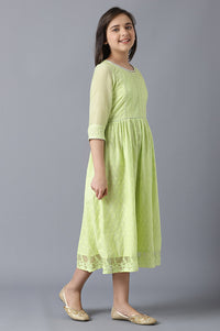 Girls Green Sequinned Flared Schiffli Dress