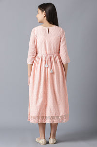 Girls Peach Sequinned Flared Schiffli Dress