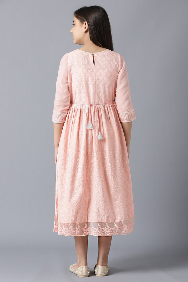 Girls Peach Sequinned Flared Schiffli Dress