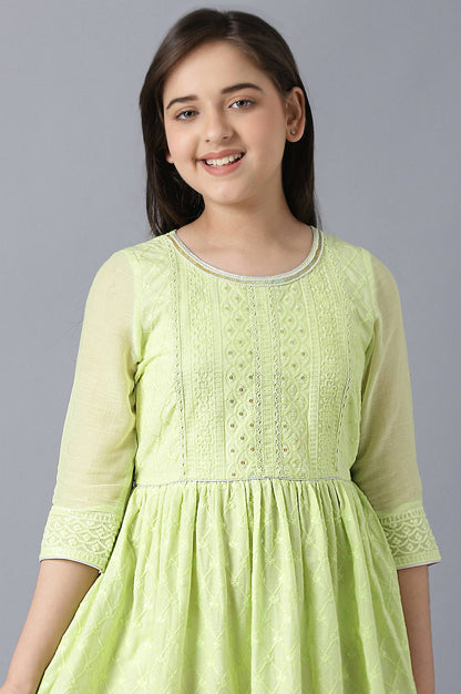 Girls Green Sequinned Flared Schiffli Dress