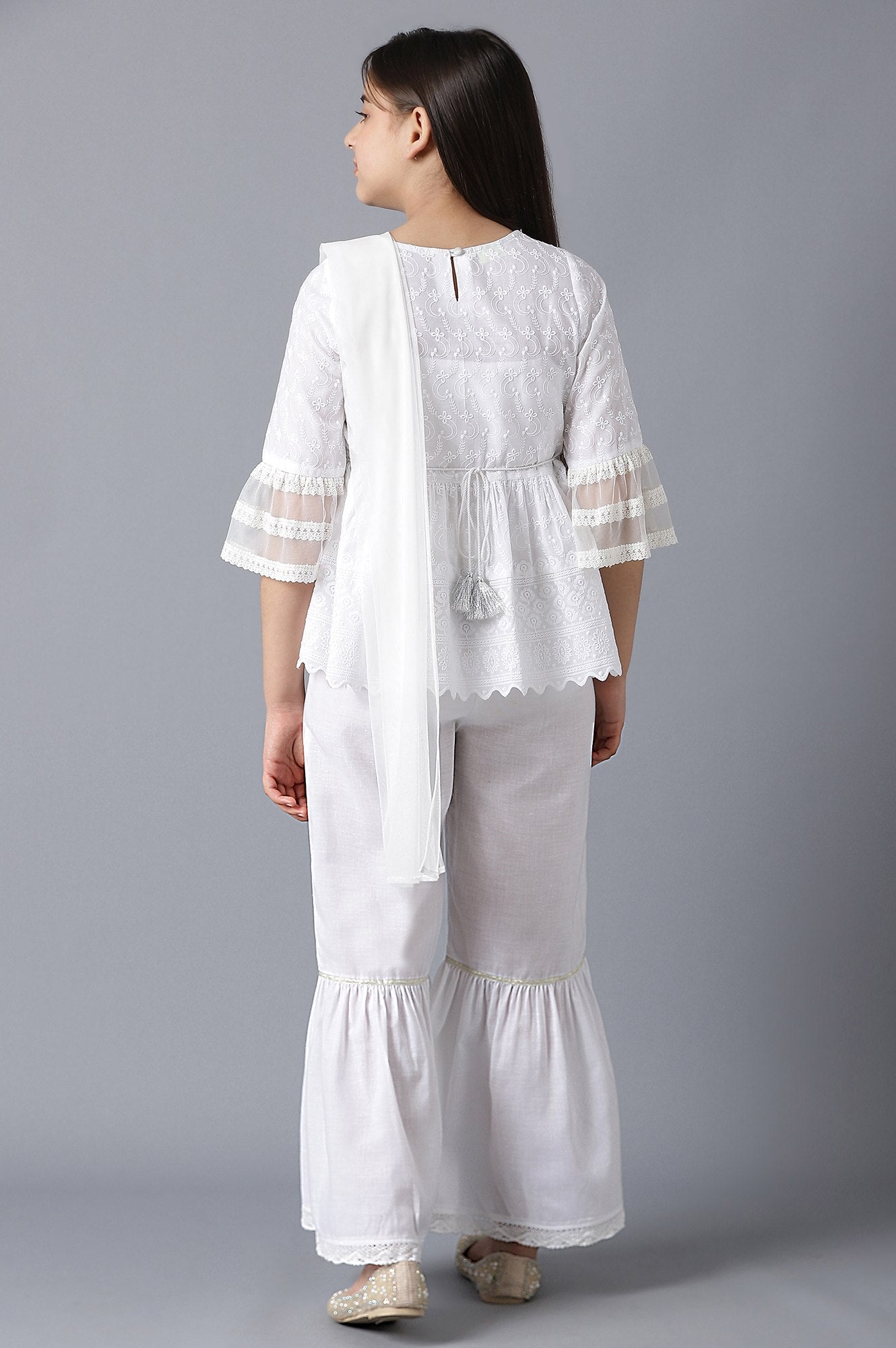 Girls White Schiffli kurta With Flared Sharara And Dupatta