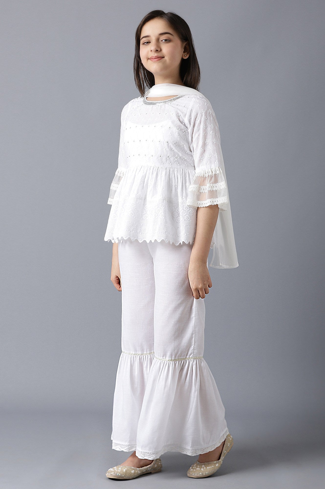 Girls White Schiffli kurta With Flared Sharara And Dupatta