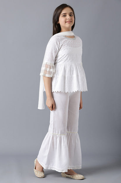 Girls White Schiffli kurta With Flared Sharara And Dupatta