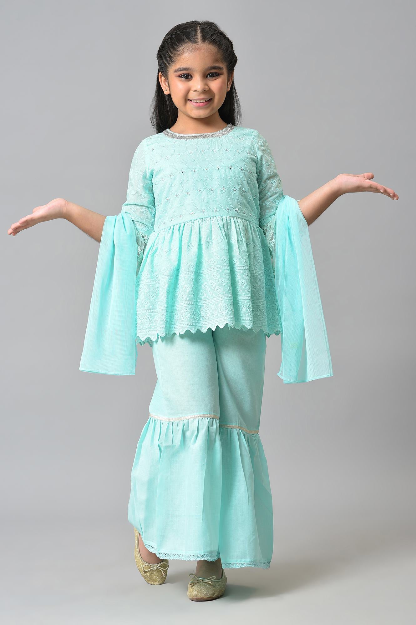 Girls Mint Green Schiffli kurta With Flared Sharara And Dupatta